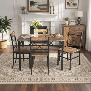 Sunvega Compact Rustic Brown Wood Kitchen Dining Table Set for 4 with Chairs