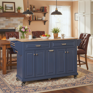 Sunvega Kitchen Cart with Rubber Wood Countertop Storage Cabinet and 2 Drawers