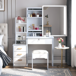 Sunvega White Vanity Desk with Mirror and Lights for Makeup and Chair