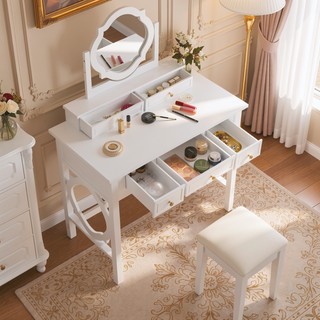 Sunvega Compact Makeup Vanity Table with Reversible Mirror and Stool for Small Spaces