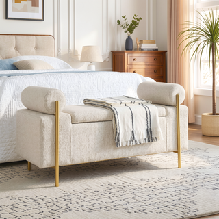 Sunvega Elegant Upholstered Linen Storage Bench with Cylindrical Arms and Iron Legs