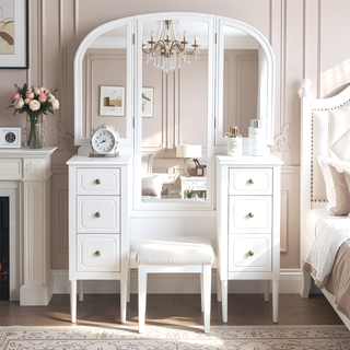 Sunvega Antique White Makeup Vanity Desk with Triple Mirror and 6 Drawers