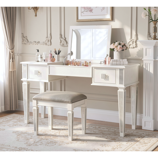 Sunvega Mirrored Vanity Desk with Stool, Flip Up Mirror and Drawers for Bedroom Makeup Room
