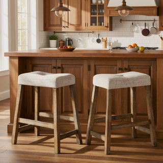 Sunvega Distressed Wooden Farmhouse Barstools with Faux Leather Seat, Counter-Height