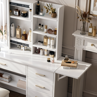 Sunvega Vanity Desk with Mirror and Lights for Makeup with 5 Drawers and Open Shelves