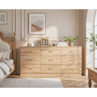 Sunvega Modern Black 9-Drawer Dresser with Golden Handles for Bedroom Storage