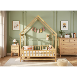 Sunvega Natural Wood House Roof Frame Floor Bed with Safety Guardrails