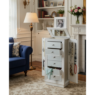 Sunvega White Finish Jewelry Armoire with Mirror and Velvet Lined Storage