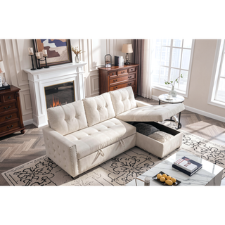 Sunvega Reversible L-Shape Sleeper Sofa Bed with Storage Chaise and Velvet Fabric