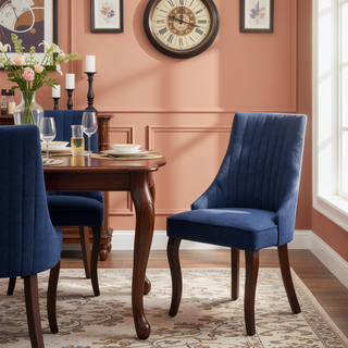 Sunvega Blue Rayon Cloth Flocking Linen Dining Chairs with High Backrest and Solid Wood Legs, Set of 2