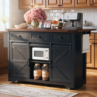 Sunvega Farmhouse Kitchen Island with Power Outlet Sliding Barn Doors and Drop Leaf