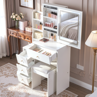 Sunvega Small Space Left Bedside Cabinet Vanity Table with Cushioned Stool and Sliding Mirror