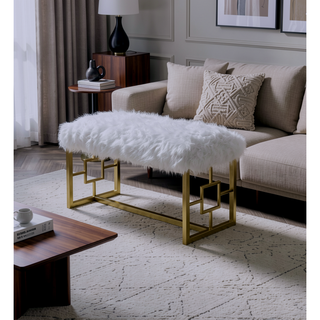 Sunvega Gold Finish Metal Base Armless Backless Lounge Bench with White Faux Fur