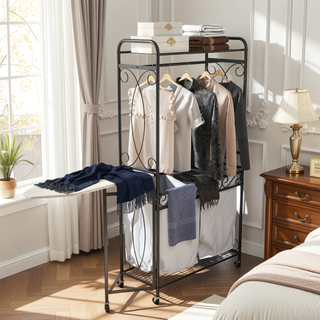 Sunvega Heavy Duty Metal Laundry Hamper Cart with Hanging Rail and Storage Shelf
