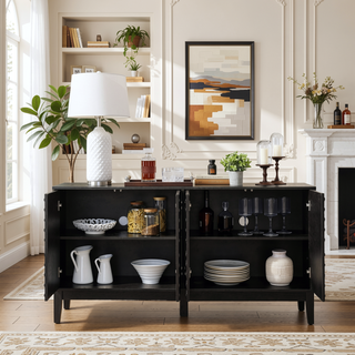 Sunvega Mid Century Modern Fluted Sideboard with Geometric Pattern and Adjustable Shelves