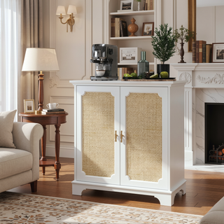 Sunvega Rattan Decorated Storage Buffet Cabinet with Bohemian Style for Living Room