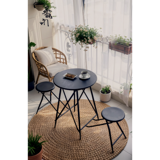 Sunvega Black Stowable Side Table and Two Seats with Foldable Iron Frame