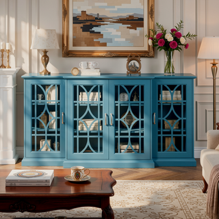 Sunvega 63" Teal Blue TV Stand with Carved Door Design and Four Storage Doors