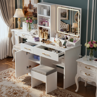 Sunvega White Glass Top Vanity Desk with 10 Drawers and Lighted Mirror