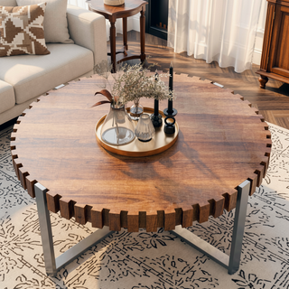 Sunvega Modern Natural Wood Grain Handmade Drum Shaped Circular Coffee Table