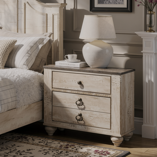 Sunvega White Wash Finish Queen Bedroom Set with Dresser Mirror and Nightstands