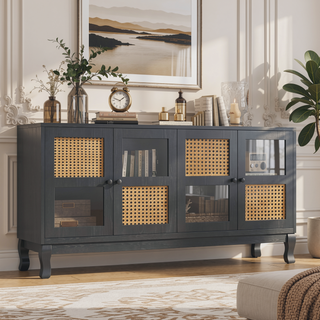 Sunvega Retro 4-Door Sideboard with Rattan and Glass Doors for Large Storage Space