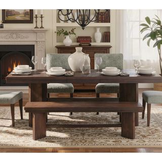 Sunvega Walnut Finish Wood Trestle Bench with V-Angled Pedestals for Dining Room