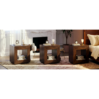 Sunvega Industrial Rustic Brown Wood End Table with 2 Tiered Storage Shelf and USB Outlets