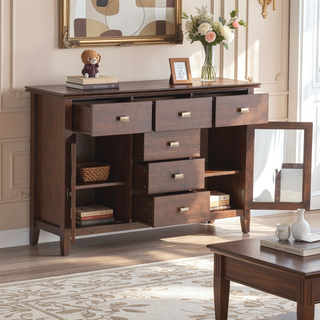 Sunvega Handcrafted Russet Brown Solid Wood Sideboard Buffet with Glass Doors
