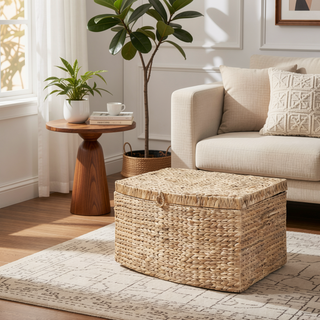 Sunvega Natural Brown Water Hyacinth Woven Storage Trunk with Handles for Organization