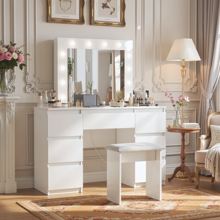 Sunvega Vanity Table with Adjustable Mirror Spacious Drawer and Matching Stool
