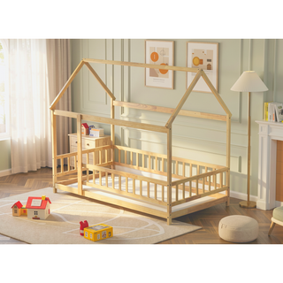 Sunvega Twin Size Wooden Floor Bed with Roof Frame and Safety Guardrails in Grey