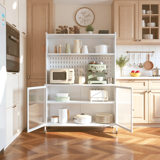 Sunvega Modern Kitchen Pantry Cabinet with Glass Doors and Adjustable Shelves for Living Room