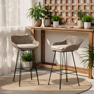 Sunvega PE Rattan Bar Stools with Water-Resistant Cushions and Hairpin Legs for Outdoor