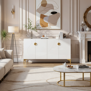 Sunvega White Modern High-Gloss Storage Cabinet with Carved Door Panels and Adjustable Shelves