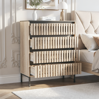 Sunvega Modern Minimalist Black Teak 4 Drawer Storage Cabinet with Slatted Design