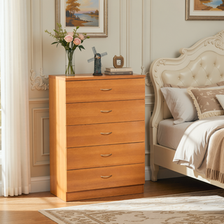 Sunvega Five Drawer Chest with Curved Metal Handles and Glide Rails in Light Cherry
