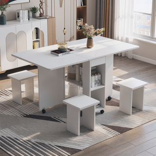 Sunvega White Folding Drop Leaf Dining Table Set with 4 Chairs and Storage