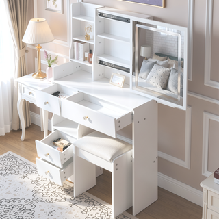 Sunvega Small Size Left Drawer Vanity Table with Cushioned Stool and LED Mirror