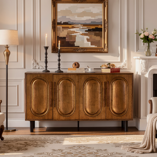 Sunvega Gold-Toned 4-Door Sideboard Buffet Cabinet with Arched Door Storage