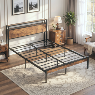 Sunvega Modern Metal Platform Bed Frame with Wooden Headboard and Footboard for Queen Size