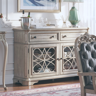 Sunvega Contemporary Silver Finish Server Cabinet with 2 Drawers and Glass Doors