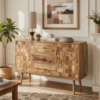 Sunvega Mid-Century Modern 3 Drawer Sideboard with 2 Door and Mango Wood Frame