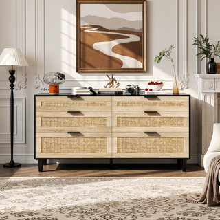 Sunvega 6 Drawer Rattan Dresser with Metal Handle and Wood Legs for Bedroom Storage