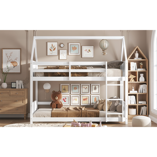 Sunvega Twin Over Twin House Floor Bunk Bed with Headboards Footboards Guardrails and Ladder