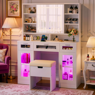 Sunvega Makeup Vanity with Sliding Mirror, LED Lights, Storage Stool, and Charging Station