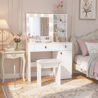 Sunvega Vanity Table with Adjustable Mirror Spacious Drawer and Matching Stool
