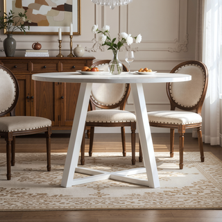Sunvega Contemporary Round Dining Table with Trestle Base in White Finish
