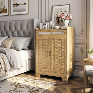 Sunvega Mid-Century Wood Storage Cabinet with 3 Woven Doors and Adjustable Shelf