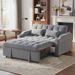 Sunvega Modern Velvet Loveseat Futon Sofa with Pullout Bed Adjustable Reclining Backrest